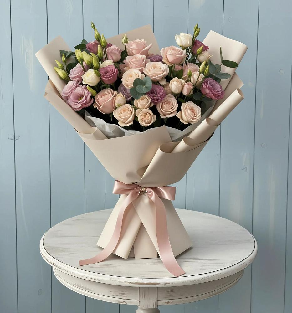 Букет цветов из: Розы и Лизиантусы в Юрьеве-Польском